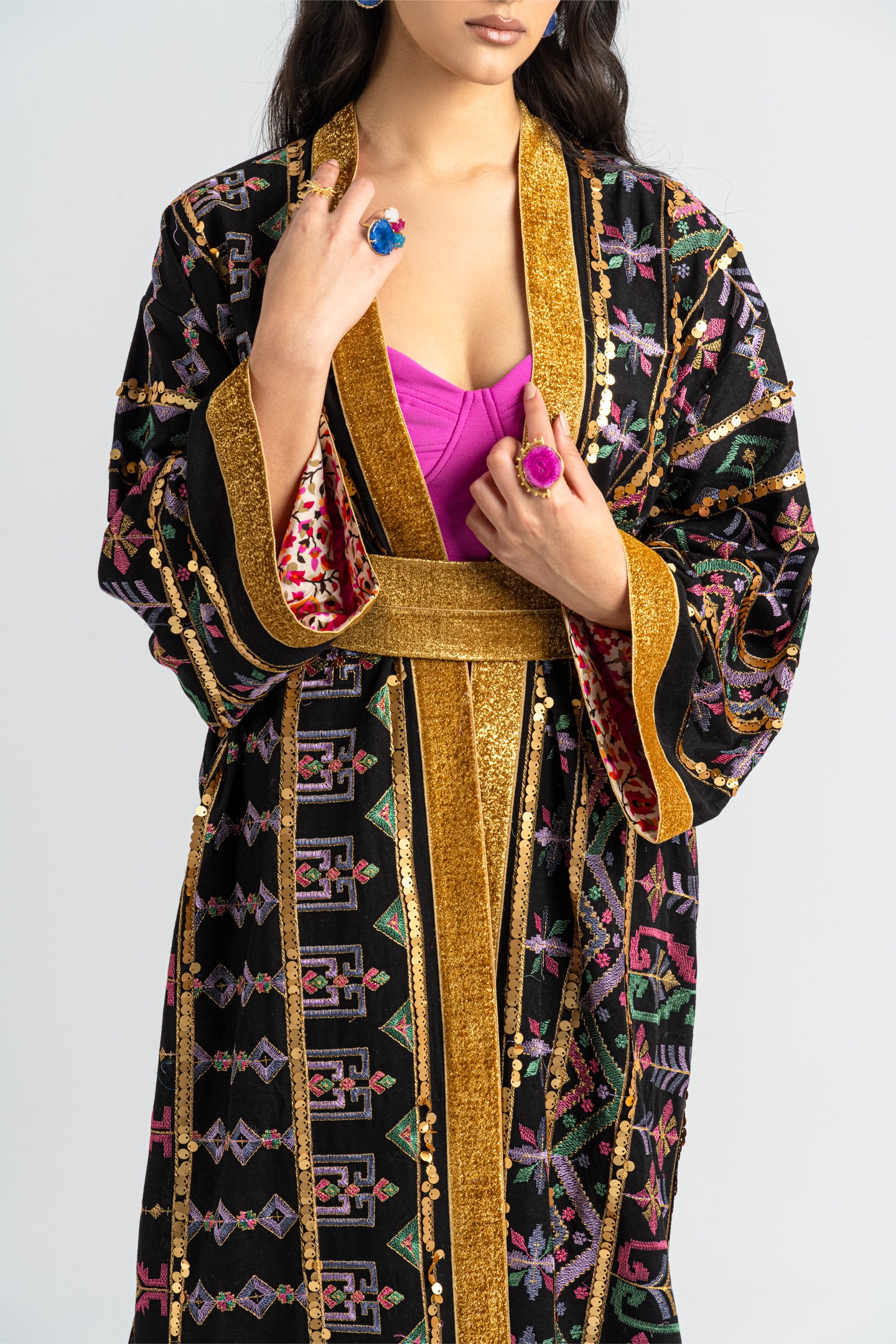 Dusti - Black Long Embroidered Linen Cardigan